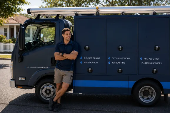 Plumber standing beside a service van in Pennant Hills