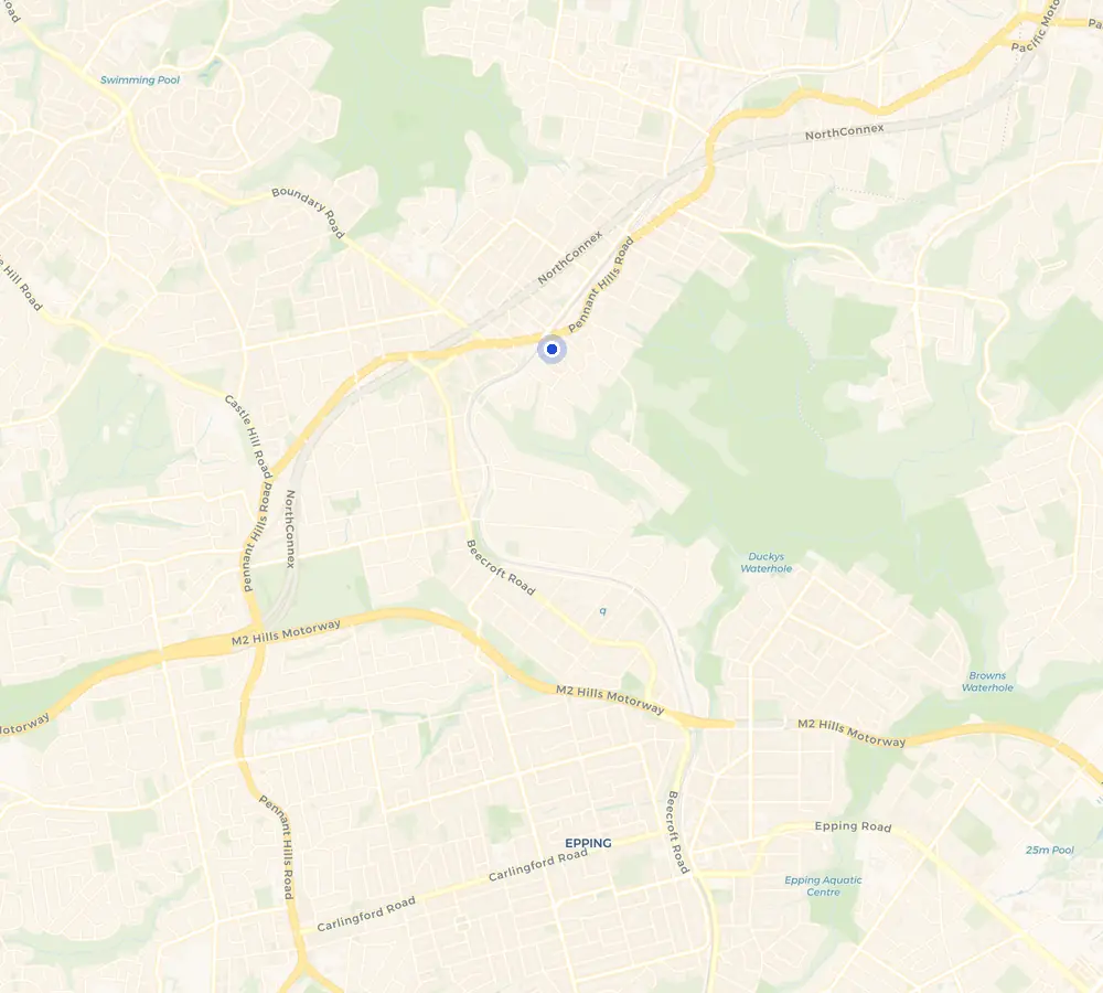 Map of the Pennant Hills service area and the surrounding Upper North Shore, showing Pennant Hills and the nearby streets we cover.