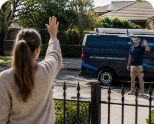 Customer waving goodbye to a Pennant Hills Blocked Drains plumber